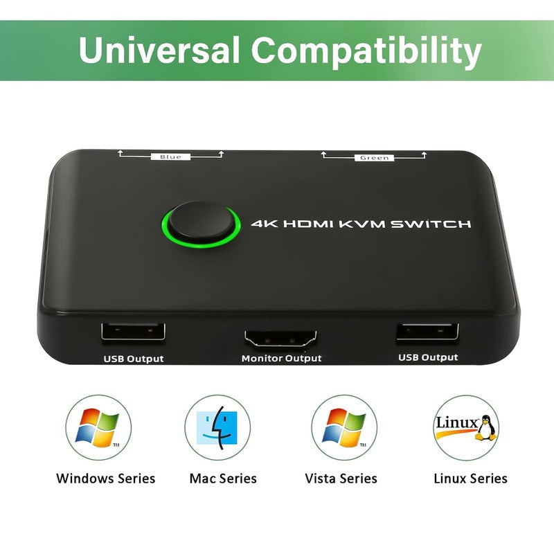 Suceem 4K@60Hz HDMI KVM Switch for 1 Monitor and 2 Computers, with 2 USB Ports for Sharing Monitor, Keyboard, Mouse, Hard Drives, and Printer – Includes 2 HDMI & USB Cables, and One-Button Swapping - Image 4
